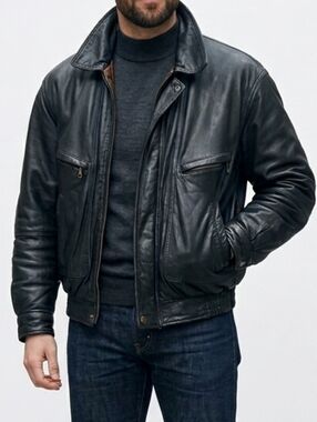 [Moores] Vintage Mens Soft Black Leather Bomber Zip Up Coat Medium